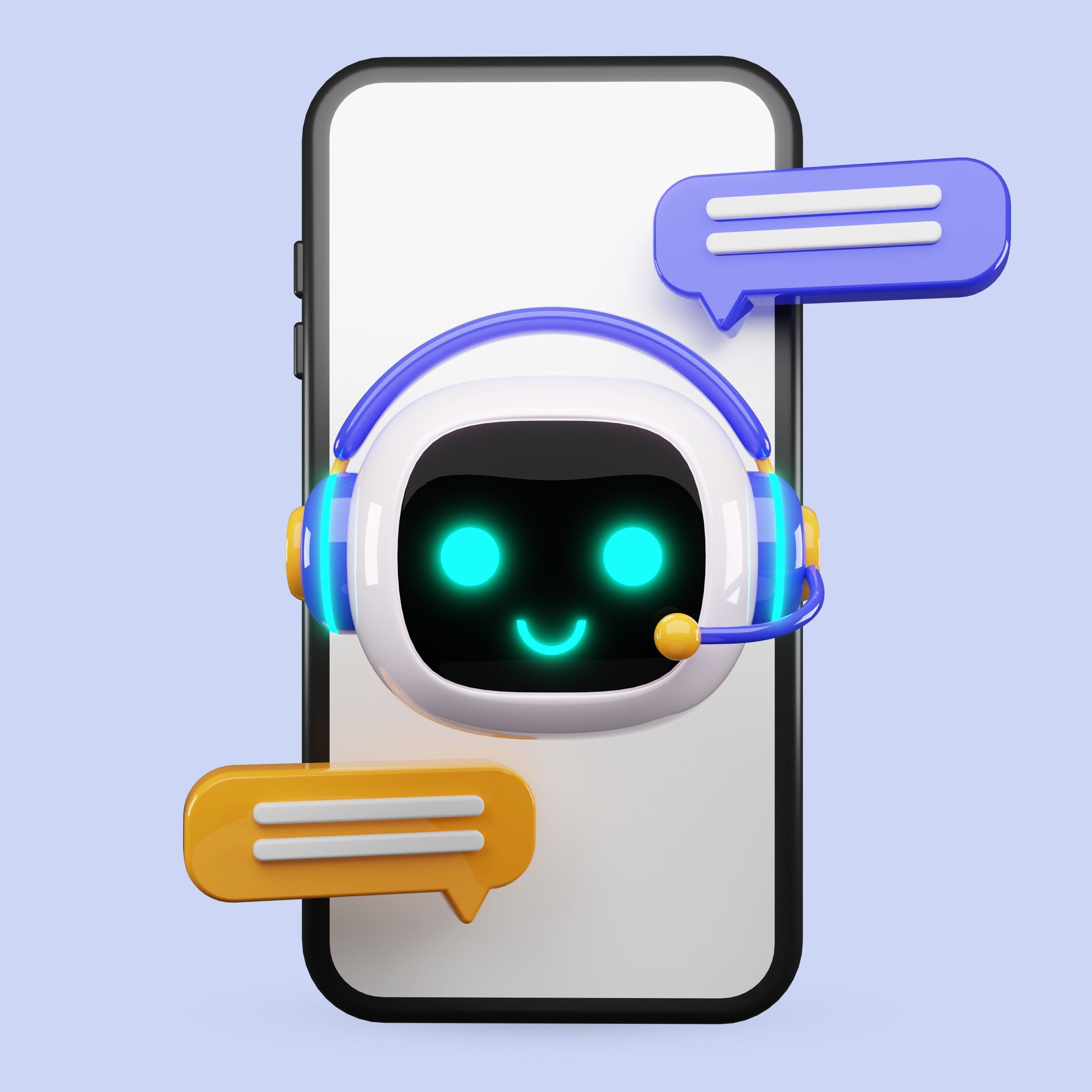 Happy robot. 3d ai character, chat bot mascot isolated on white background, GPT chatbot icon. Artificial intelligence, trendy technology, support service, funny automation computer